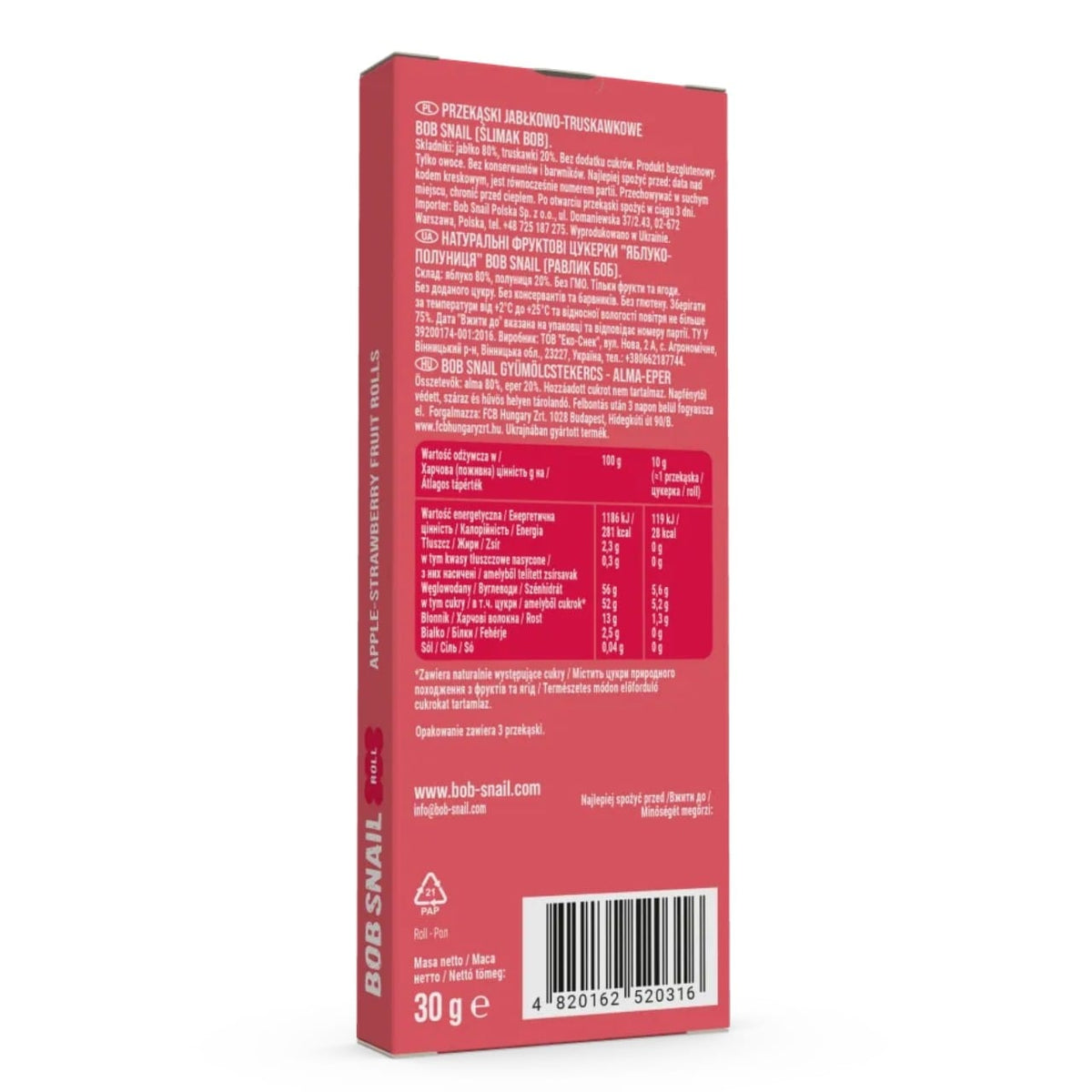 Bob Snail Rollsy Apple & Strawberry Snack with No Added Sugar - 30 g